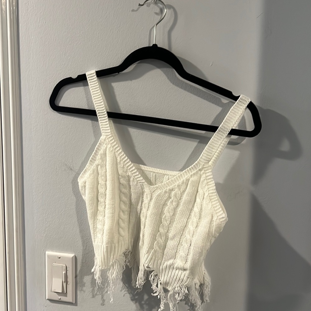 White v neck strap knit crop tank